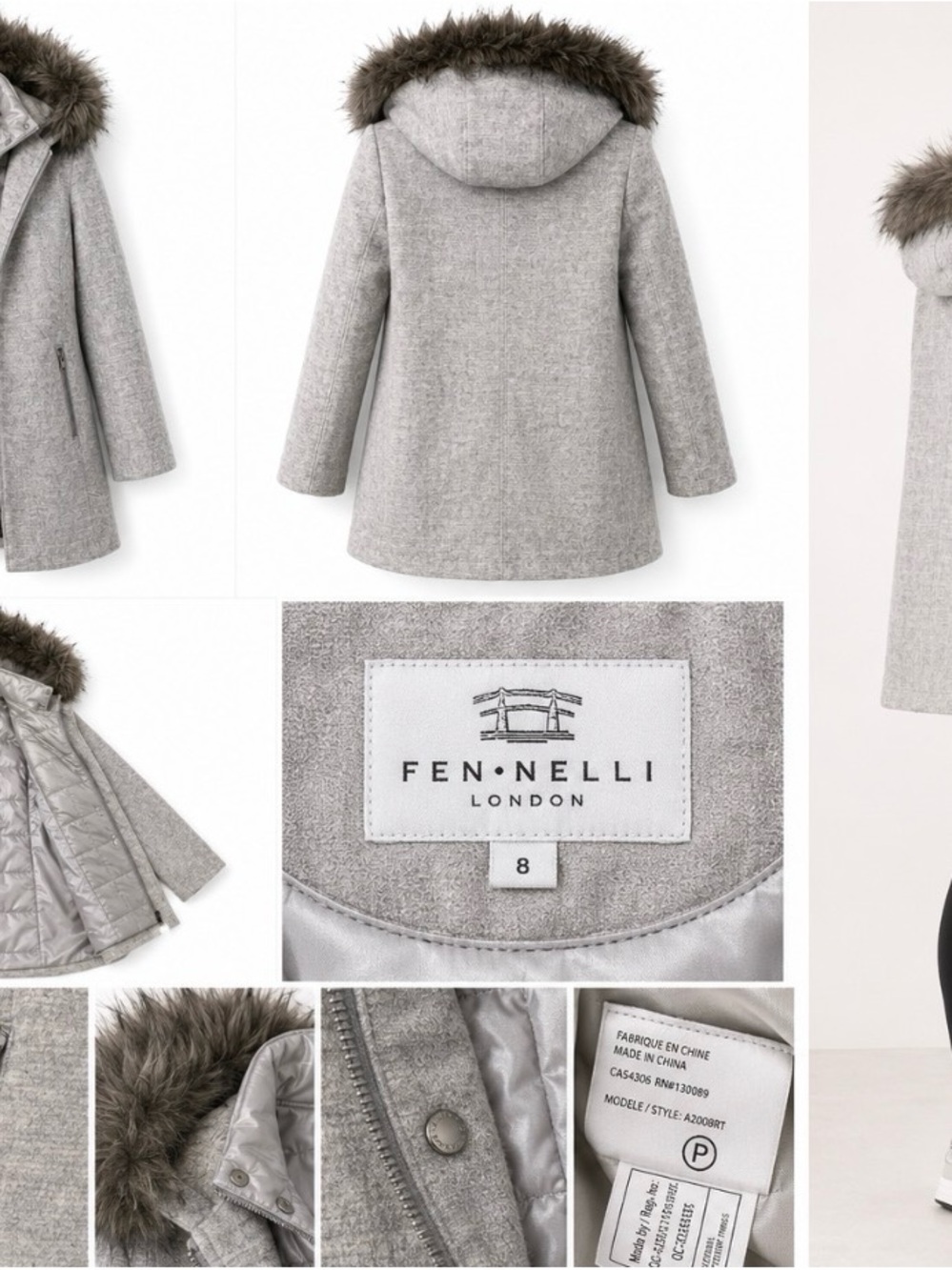 Woman Light Gray Hooded Faux-Fur Trim Ski Coat/ size 8